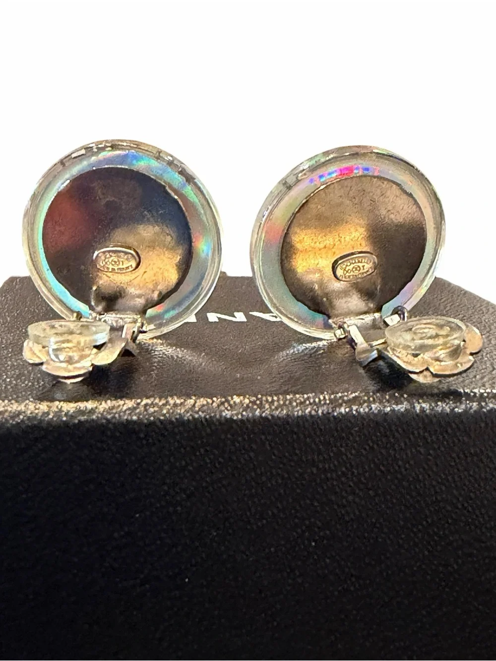CHANEL Silver-Tone Clip-On Earrings with Iridescent Holographic Centers